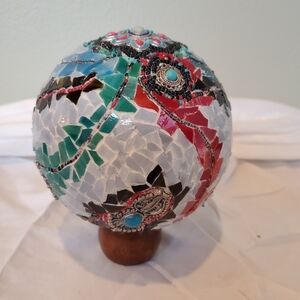 Mosaic Glass Art Sphere with Turquoise And Silver Accents
